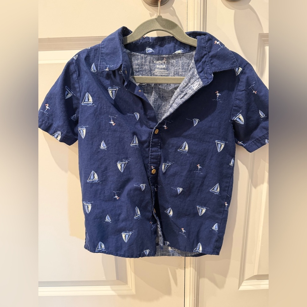 Carter's Navy Blue Sailboat Print Short-Sleeve Button-Down Shirt